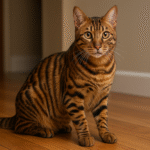 Toyger cat with bold, tiger-like stripes sitting on a hardwood floor.