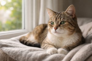Senior tabby cat resting peacefully on a soft blanket near a sunlit window, representing comfort and aging cat health
