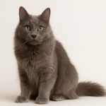 Nebelung cat with a long silver-blue coat and vivid green eyes sitting gracefully against a soft beige background, showcasing the breed’s elegant and gentle appearance.