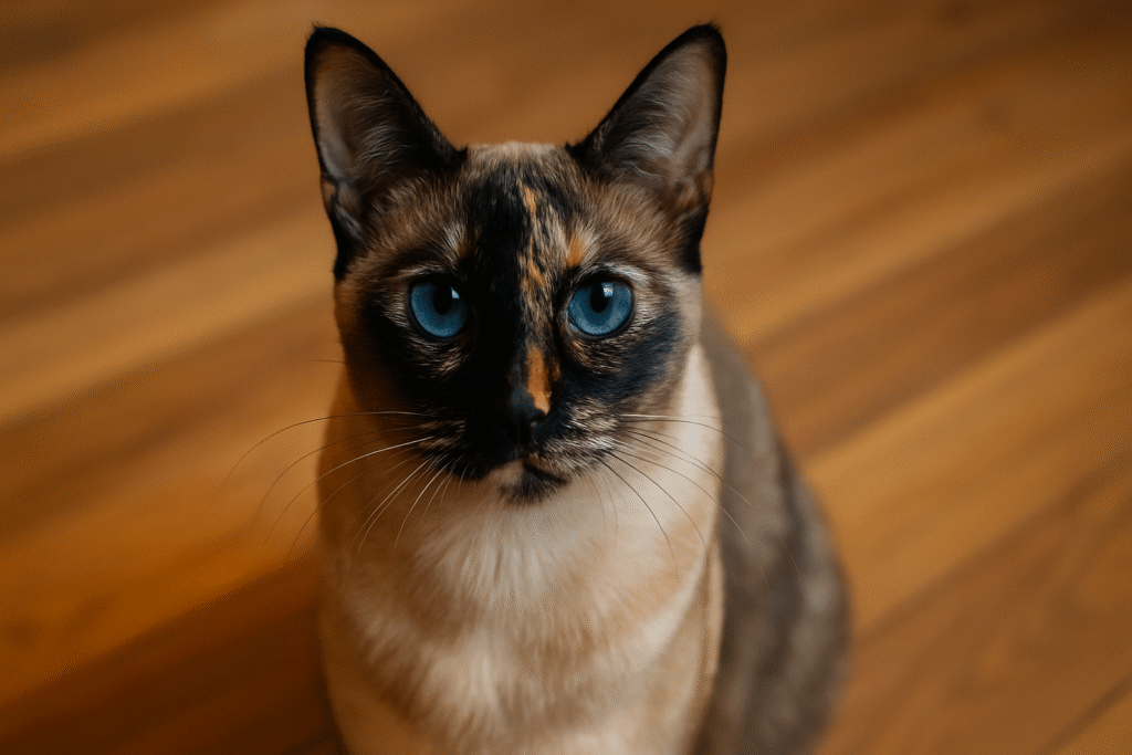 Tortie Point Siamese cat with striking blue eyes and tortoiseshell markings sitting on a wooden floor, looking directly at the camera.