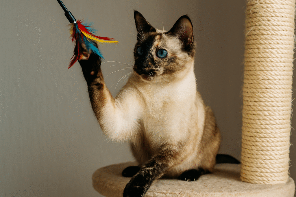 Tortie Point Siamese cat with blue eyes playfully reaching for a colorful feather toy while perched on a beige cat tree.