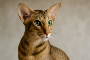 Oriental Cat with large ears and green almond-shaped eyes looking alert against a soft neutral background