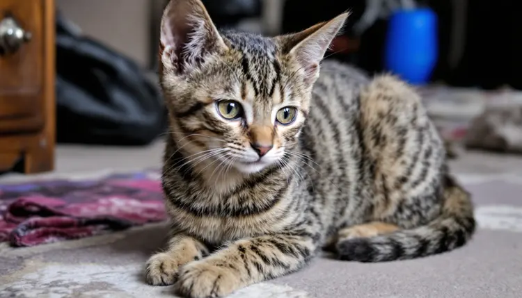 Young tabby cat lying on a carpeted floor, showcasing typical feline features in an article about what is a cat"