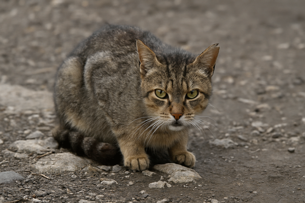 Feral tabby cat crouching on rocky ground, showing alert posture and wild features in an article explaining what is a feral cat
