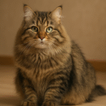 Siberian Cat sitting on a light hardwood floor with a thick, fluffy brown tabby coat and bright green eyes, looking directly at the camera against a soft beige background.