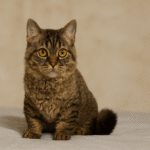 Skookum Cat with short legs and a curly brown tabby coat sitting centered on a soft gray blanket, gazing forward with large golden eyes against a warm beige background.