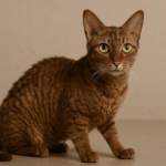 Curly-coated Ural Rex cat sitting on beige surface.
