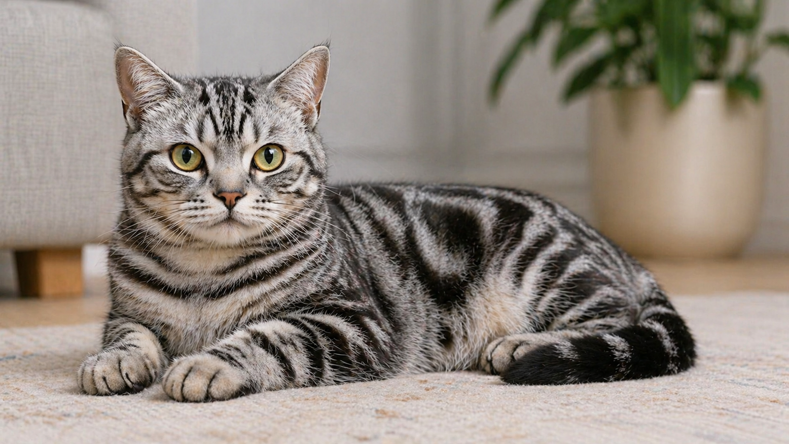 American Shorthair cat with silver tabby markings lying on a light rug in a cozy living room, looking directly at the camera with bright green eyes