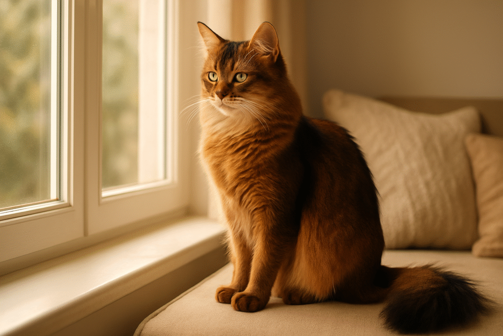 A Somali cat perched on a sunny windowsill, gazing outside with alert ears and a fluffy tail curled around its body.