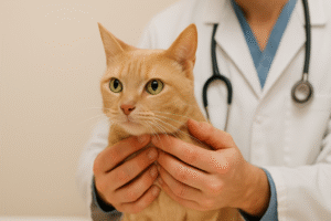 A veterinarian gently holds a light orange cat, illustrating a checkup for hyperthyroidism in cats.