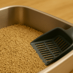 Stainless steel litter box with leveled natural cat litter and gray scoop