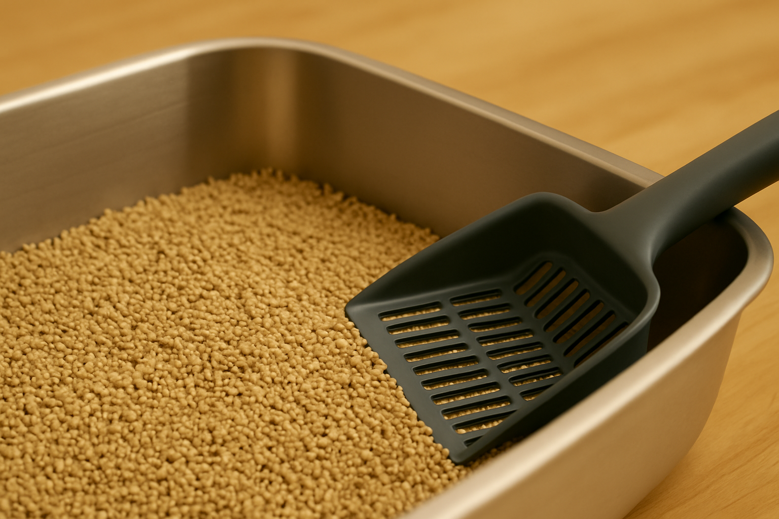 Stainless steel litter box with leveled natural cat litter and gray scoop