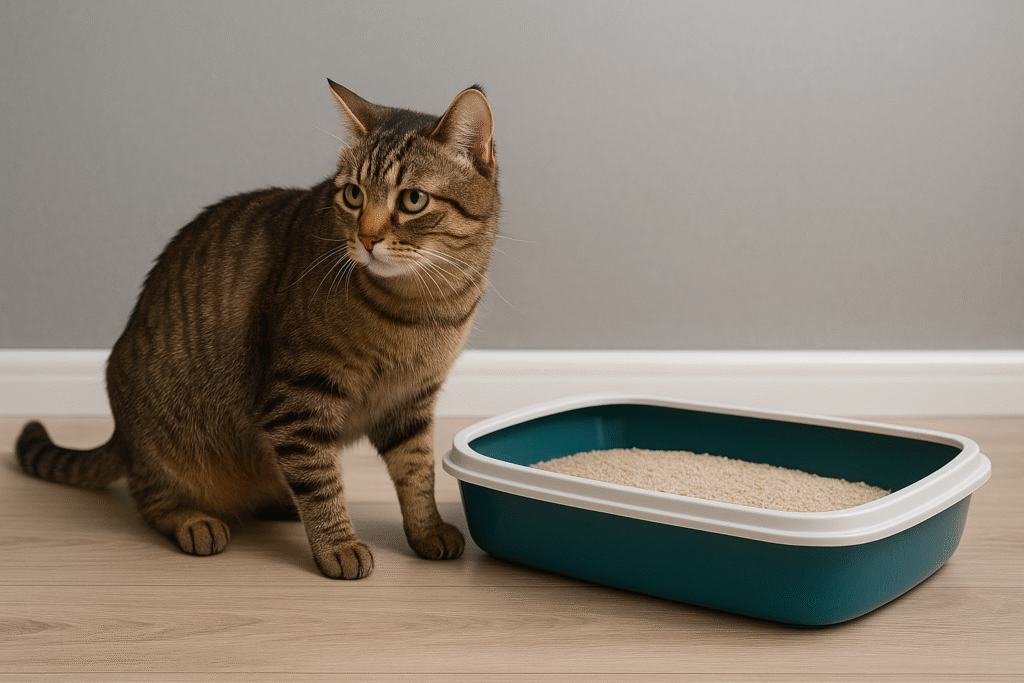 Cat showing signs of urinary discomfort by pacing near a clean litter box – how long can a cat go without peeing warning signs.