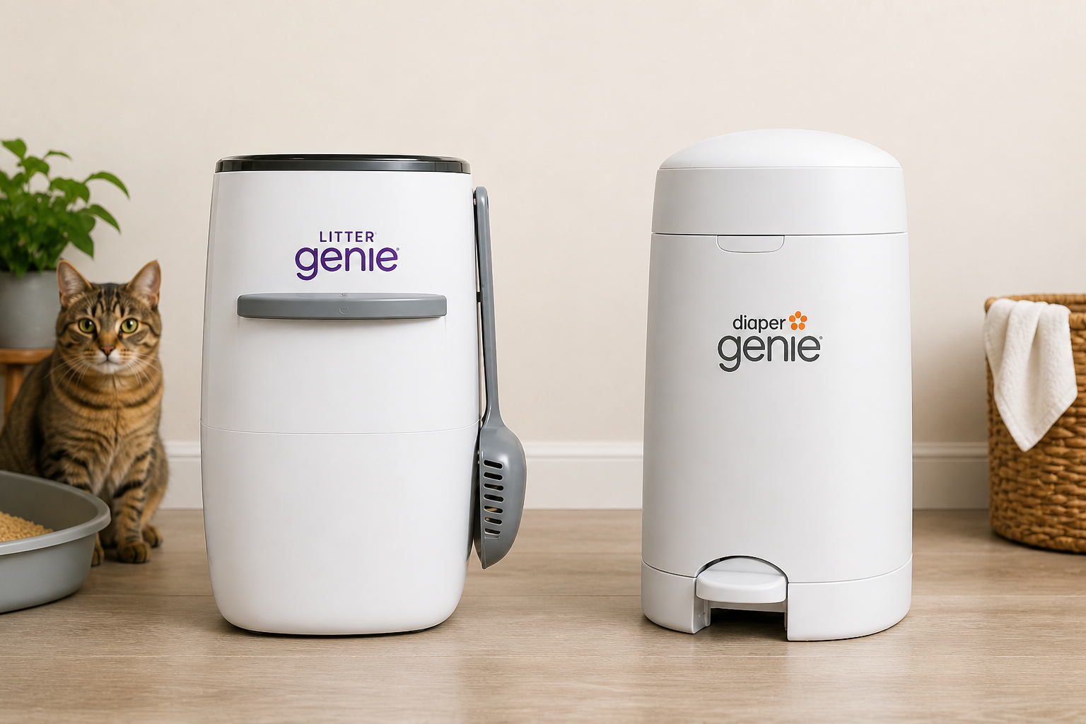 Litter Genie and Diaper Genie side by side in a clean home setting with a cat and litter box