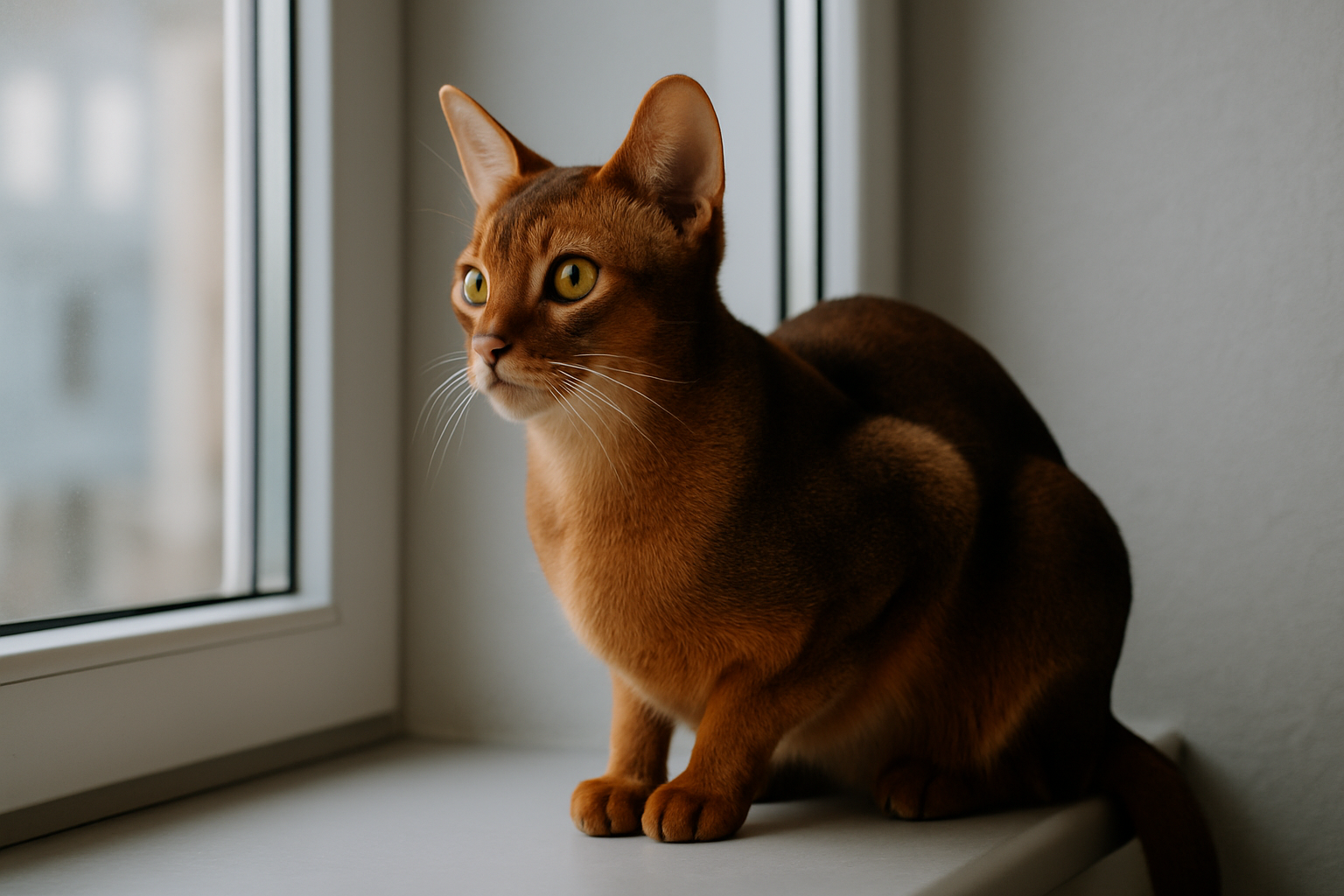 Abyssinian cat perched on a windowsill, looking out with alert, almond-shaped eyes.