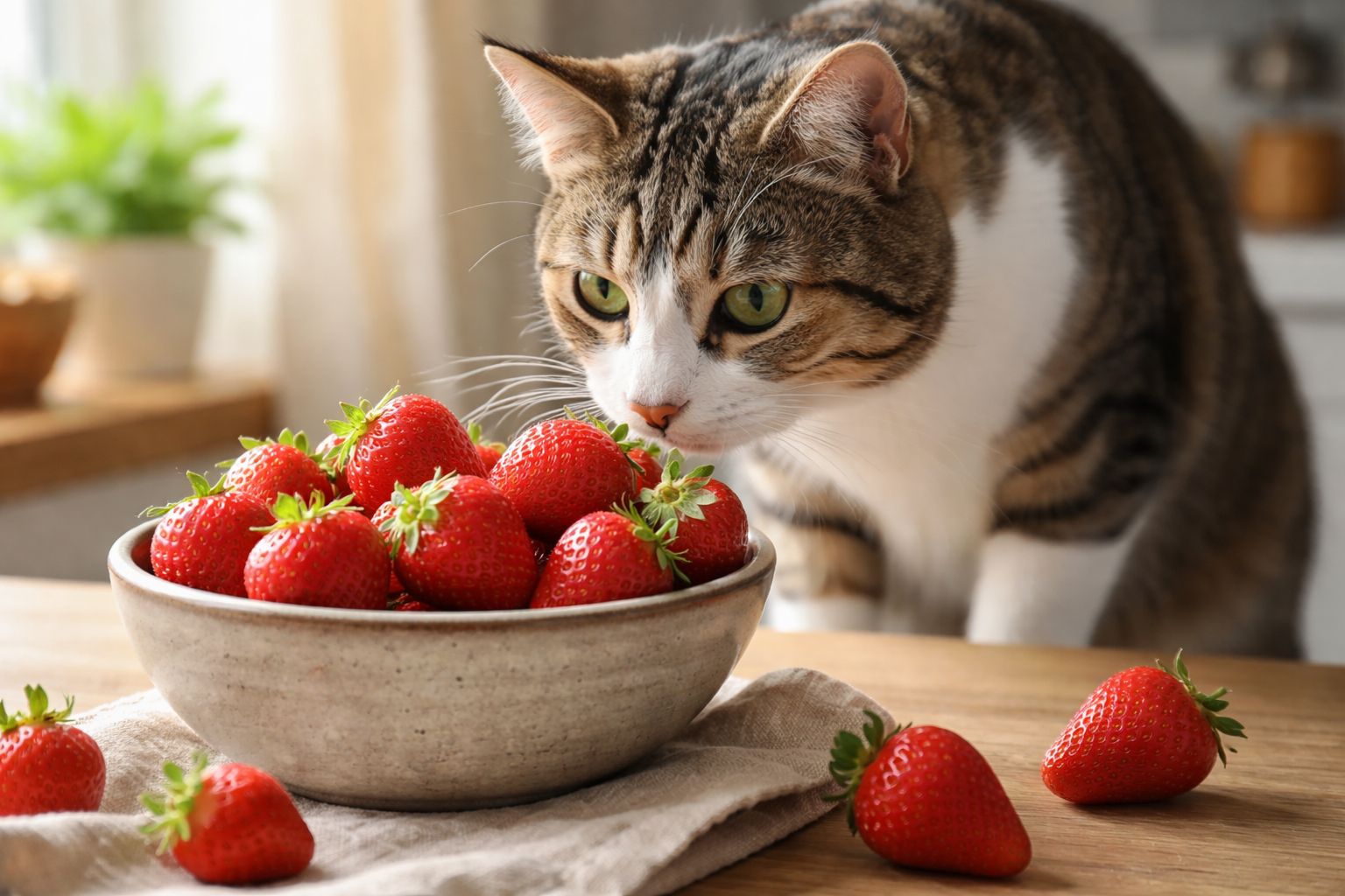 Curious tabby cat sniffing a bowl of fresh strawberries on a wooden table in soft natural light