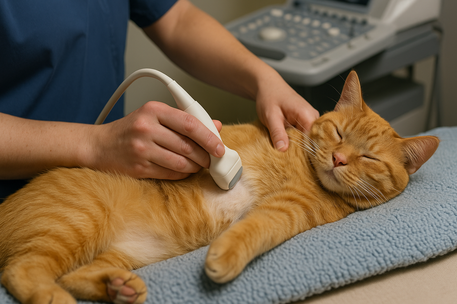 Orange tabby cat getting a veterinary echocardiogram for hypertrophic cardiomyopathy diagnosis.
