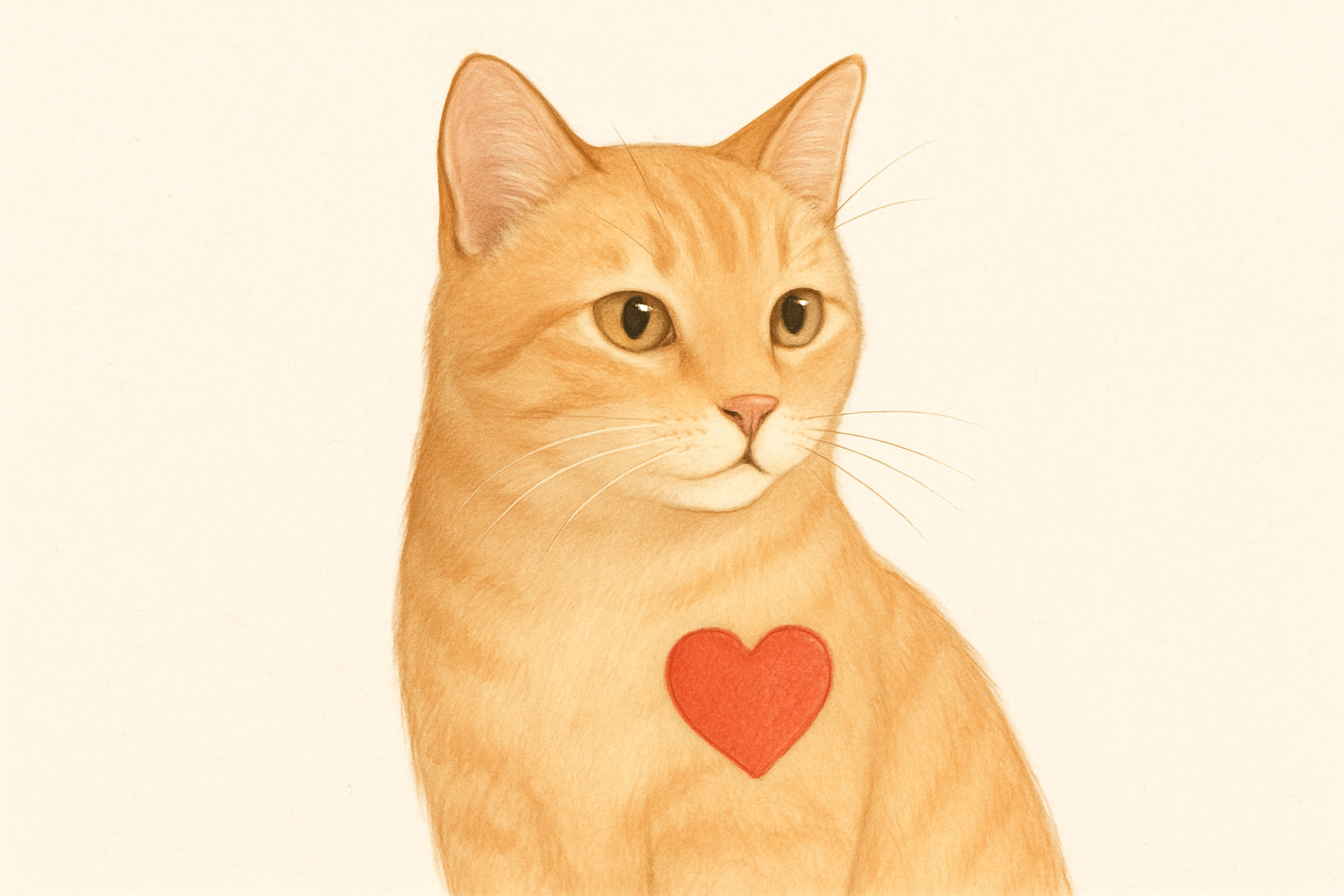 A soft, digital illustration of an orange tabby cat lying calmly with a faint heart symbol in the background, representing feline heart health and care.