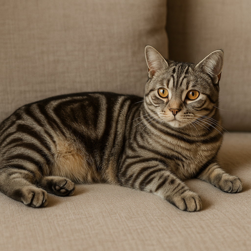 Classic tabby cat with swirling, bullseye pattern on its side