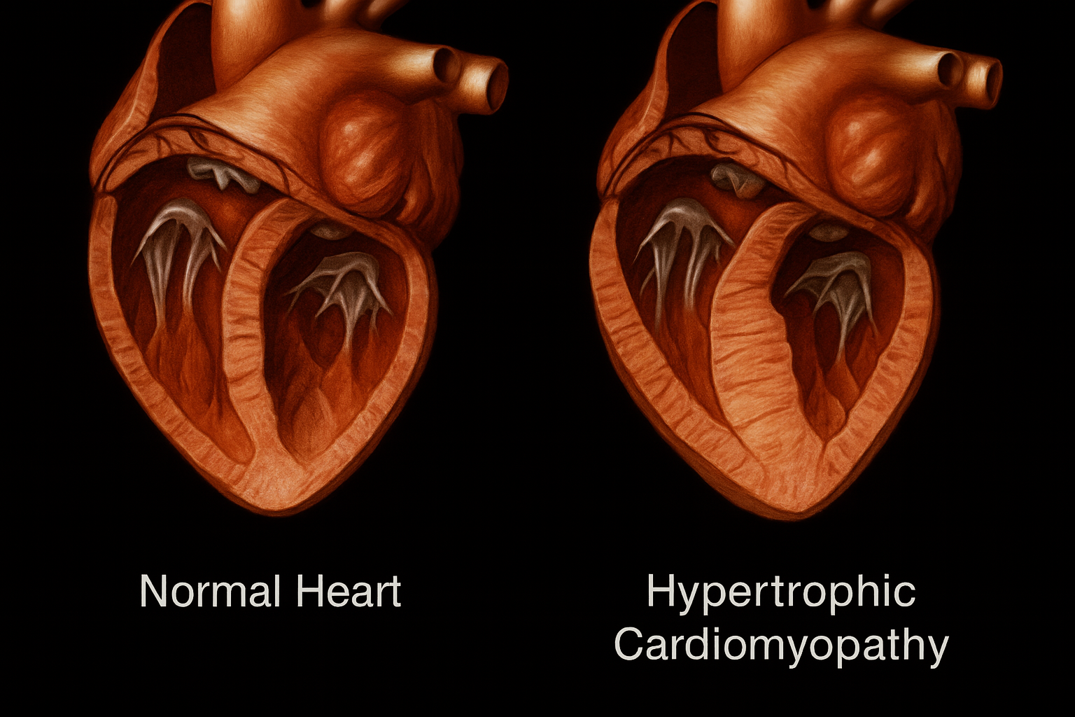 Side-by-side illustration of a normal heart and a heart with hypertrophic cardiomyopathy, showing thickened heart walls and reduced chamber size in the HCM heart.