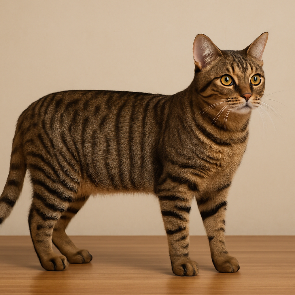 Mackerel tabby cat with narrow vertical stripes running down its body