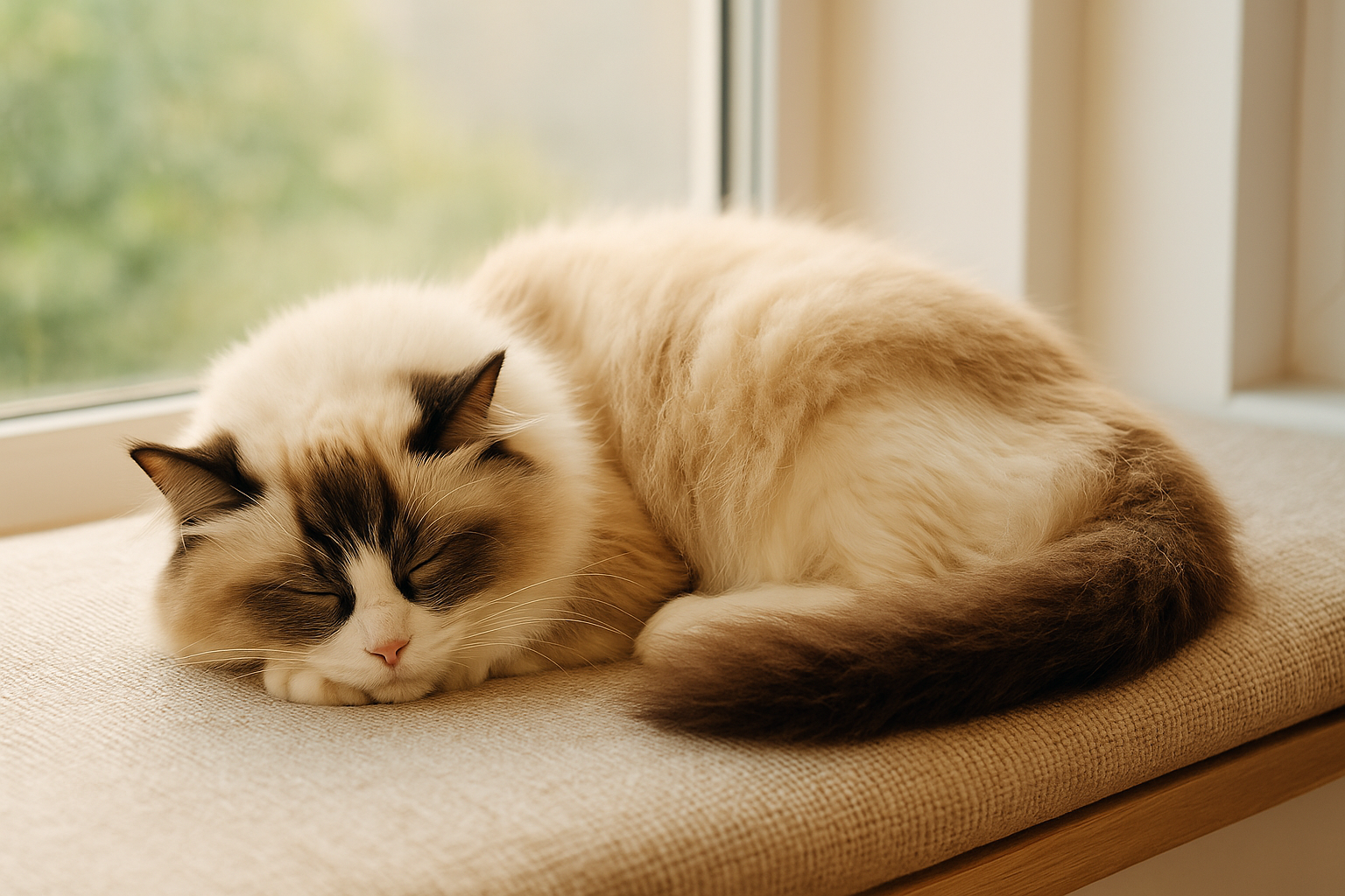 Ragdoll cat with long, soft fur lying peacefully on a cozy blanket, appearing calm and relaxed.