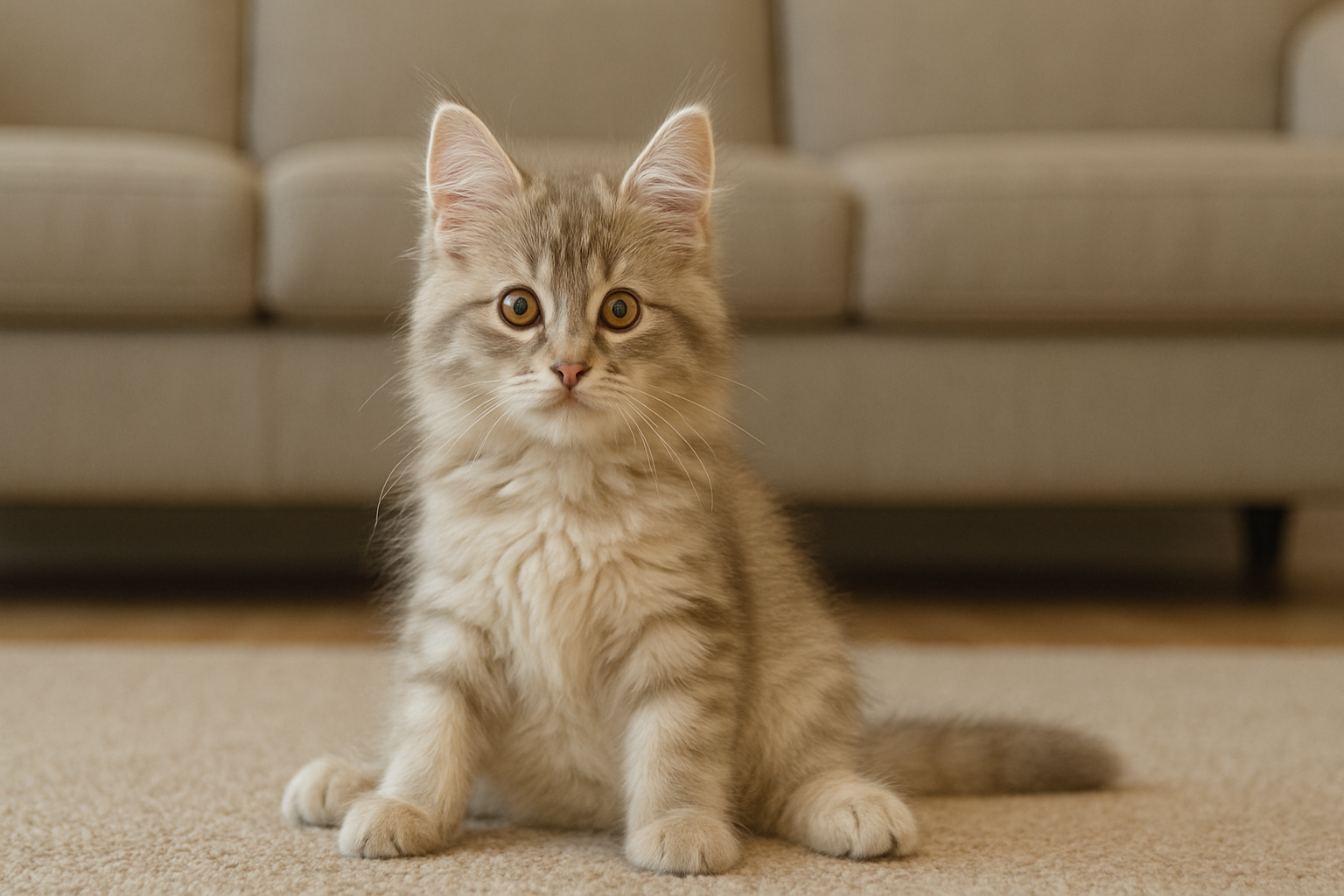 Fluffy silver and cream Maine Coon kitten sitting on a beige rug in front of a light-colored sofa, with large ears and slightly splayed back legs.