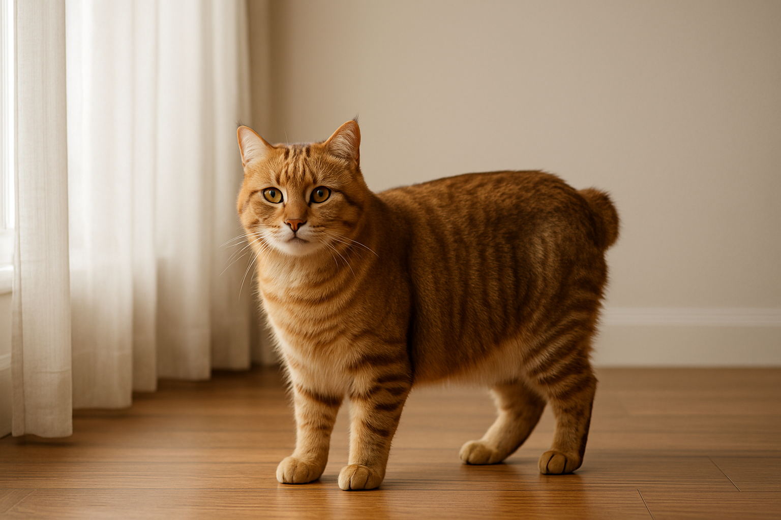 American Bobtail cat standing on a hardwood floor near a window, showing its short bobbed tail, golden tabby coat, and muscular build