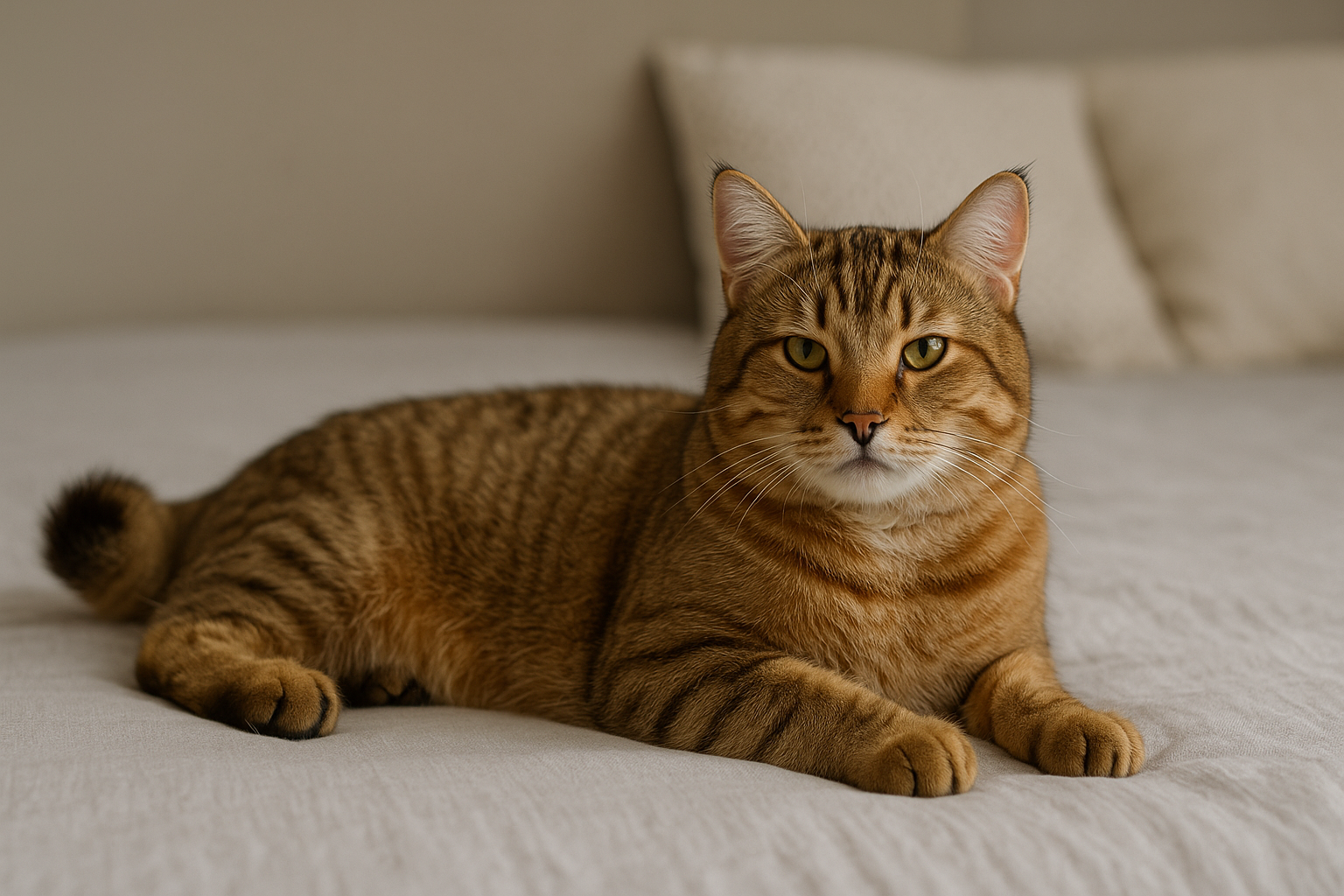 American Bobtail cat with a golden-brown tabby coat and short tail lying on a bed, showing a muscular build and relaxed expression