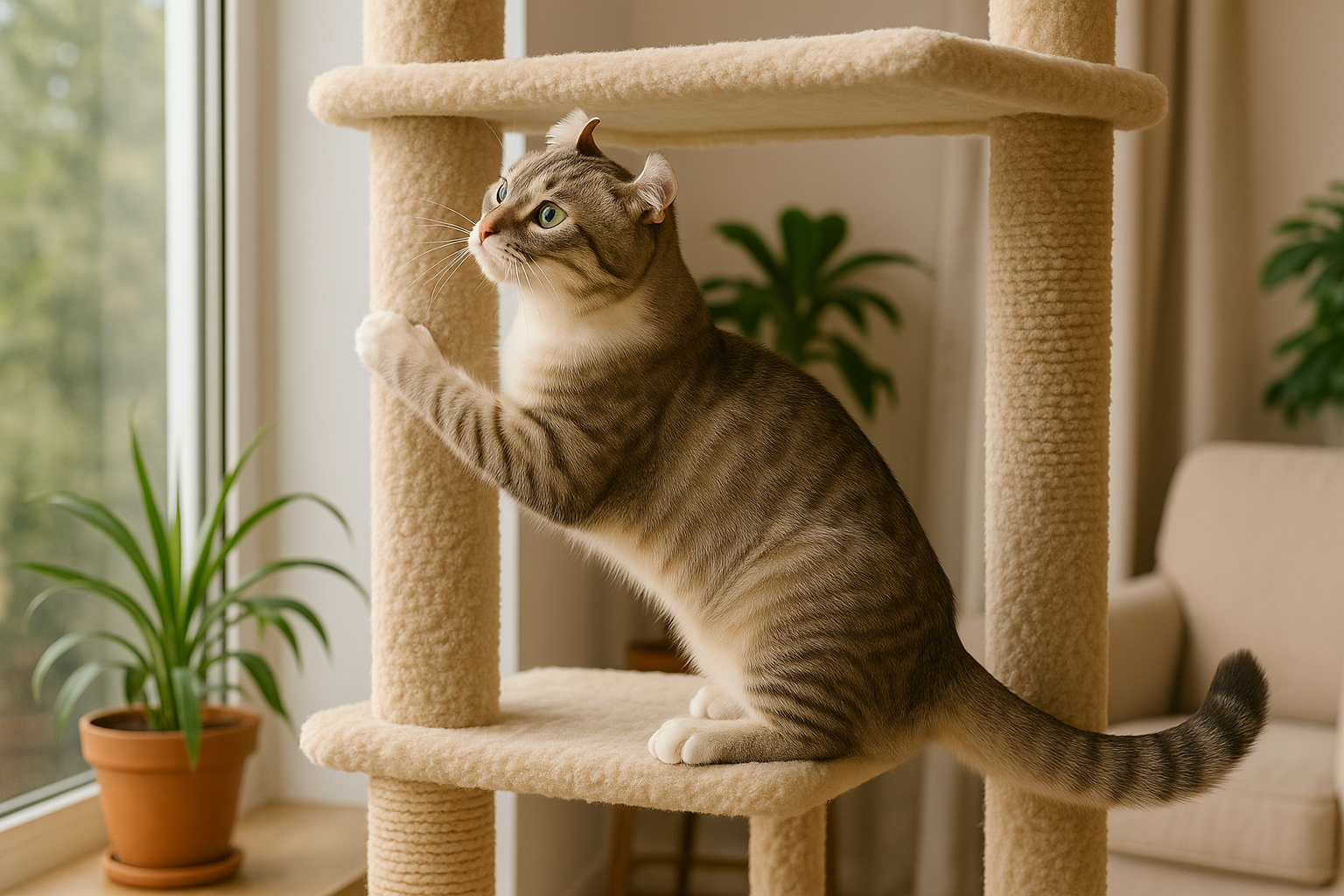 Cream and gray American Curl cat climbing a beige cat tree by a sunlit window, showing its curled ears and focused expression.