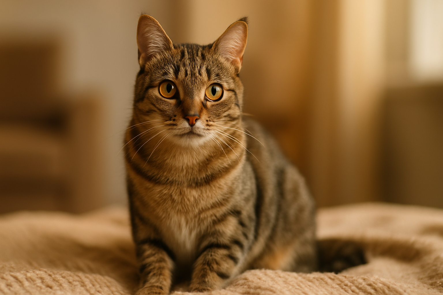 A domestic short-haired tabby cat with amber eyes sits calmly on a beige knit blanket, with a softly blurred warm-toned background.