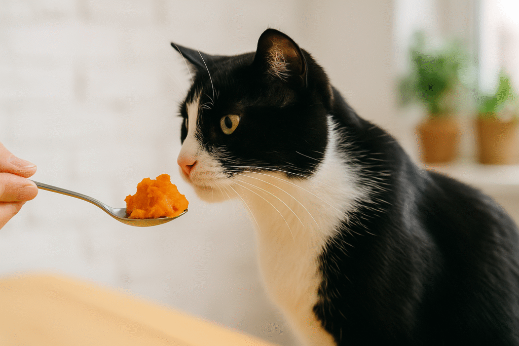 Tuxedo cat curiously sniffing a spoonful of pumpkin puree held by a person in a cozy kitchen setting.







Tuxedo cat curiously sniffing a spoonful of pumpkin puree held by a person in a cozy kitchen setting.