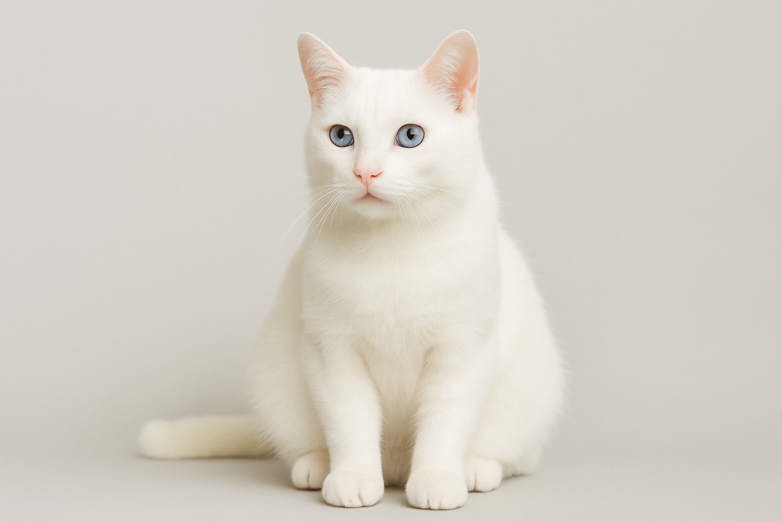 A white cat with striking blue eyes sitting calmly on a light gray background, representing genetic conditions in cats