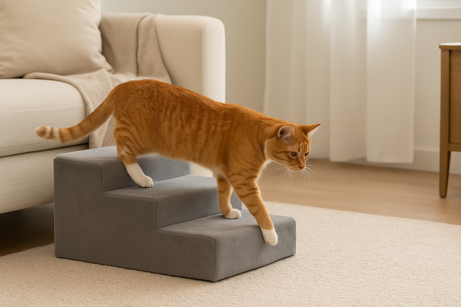 A cat gently stepping onto padded pet stairs, showing mobility support for cats with hip dysplasia.