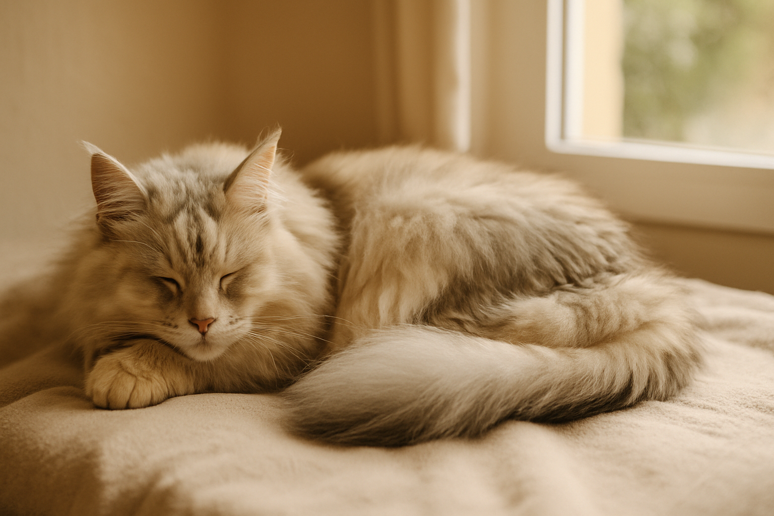 A senior Maine Coon cat with cream and gray fur resting peacefully on a soft blanket by a sunlit window, representing comfort and calm living with hip dysplasia.