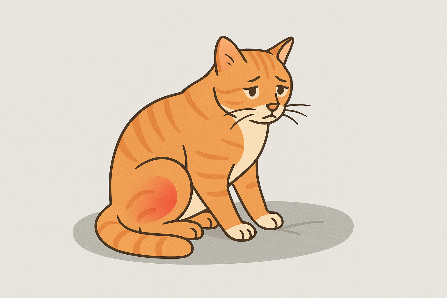 A digital illustration of an orange tabby cat gently stretching its back legs near a soft surface, symbolizing feline joint and mobility care.