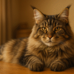 A majestic Maine Coon cat with thick fur and tufted ears lounging comfortably, showcasing its large size and luxurious coat in a warm, cozy setting.