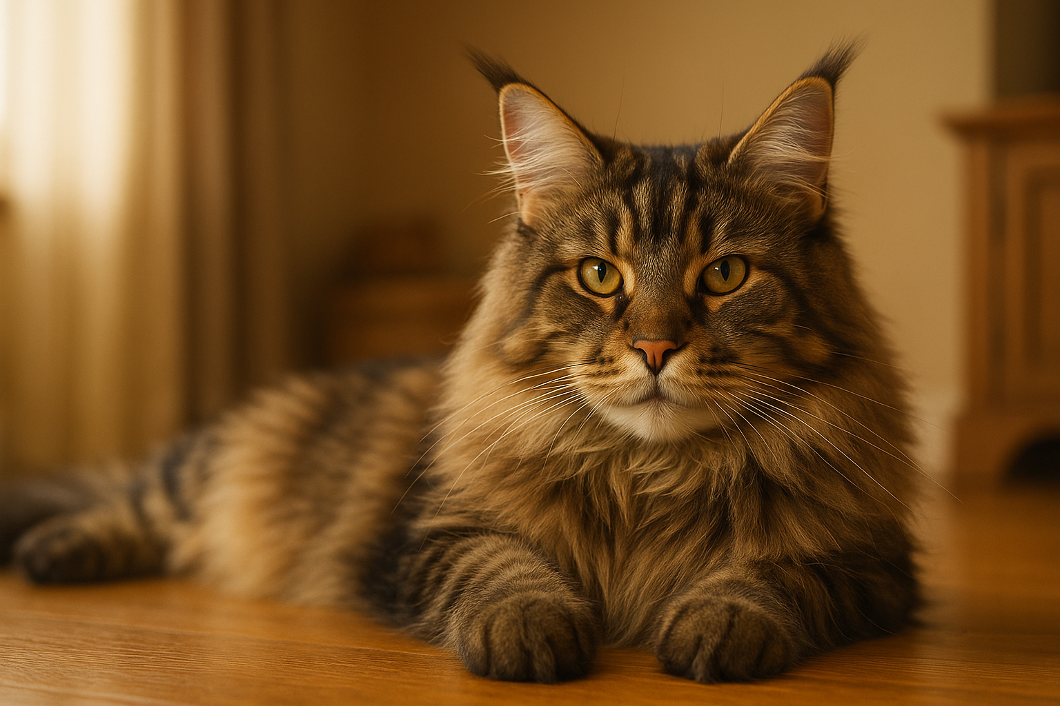 A majestic Maine Coon cat with thick fur and tufted ears lounging comfortably, showcasing its large size and luxurious coat in a warm, cozy setting.