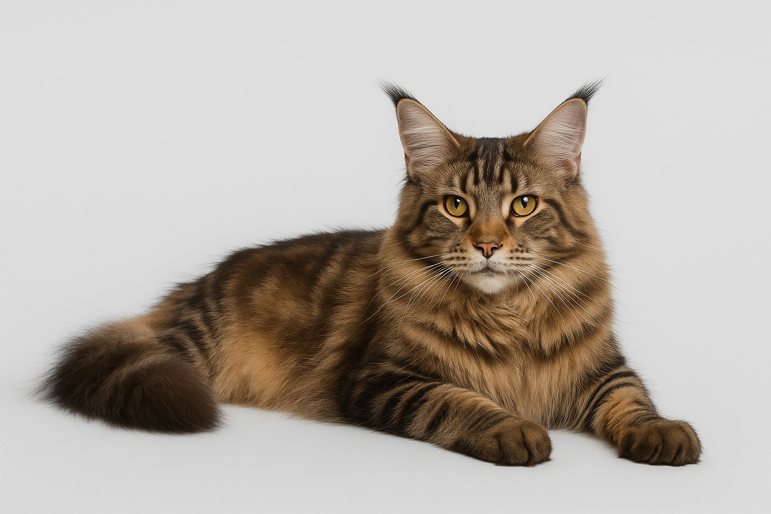 A majestic Maine Coon cat with thick fur and tufted ears lounging comfortably against a soft, light-colored background that highlights its features.