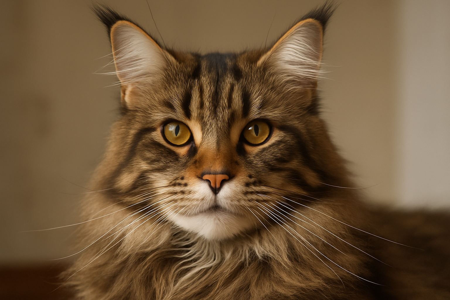 Close-up of a Maine Coon cat’s fluffy face, golden eyes, and large tufted ears, with a warm blurred background.