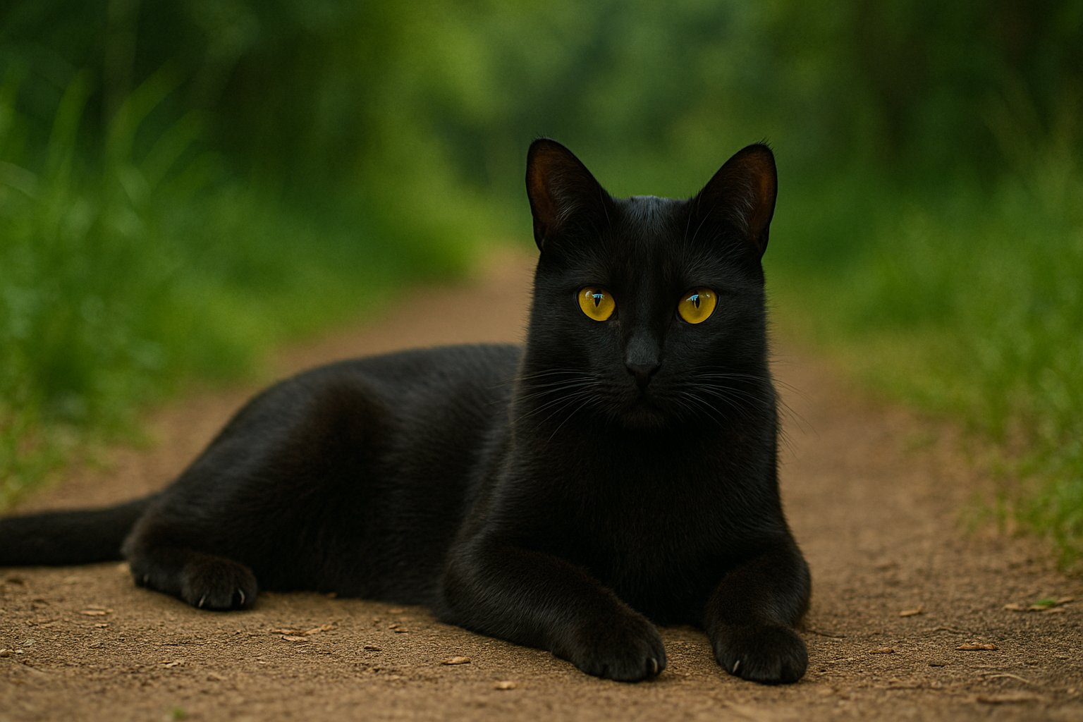 A sleek Mandalay cat laying on a forest path, showing off its glossy black coat and golden eyes.