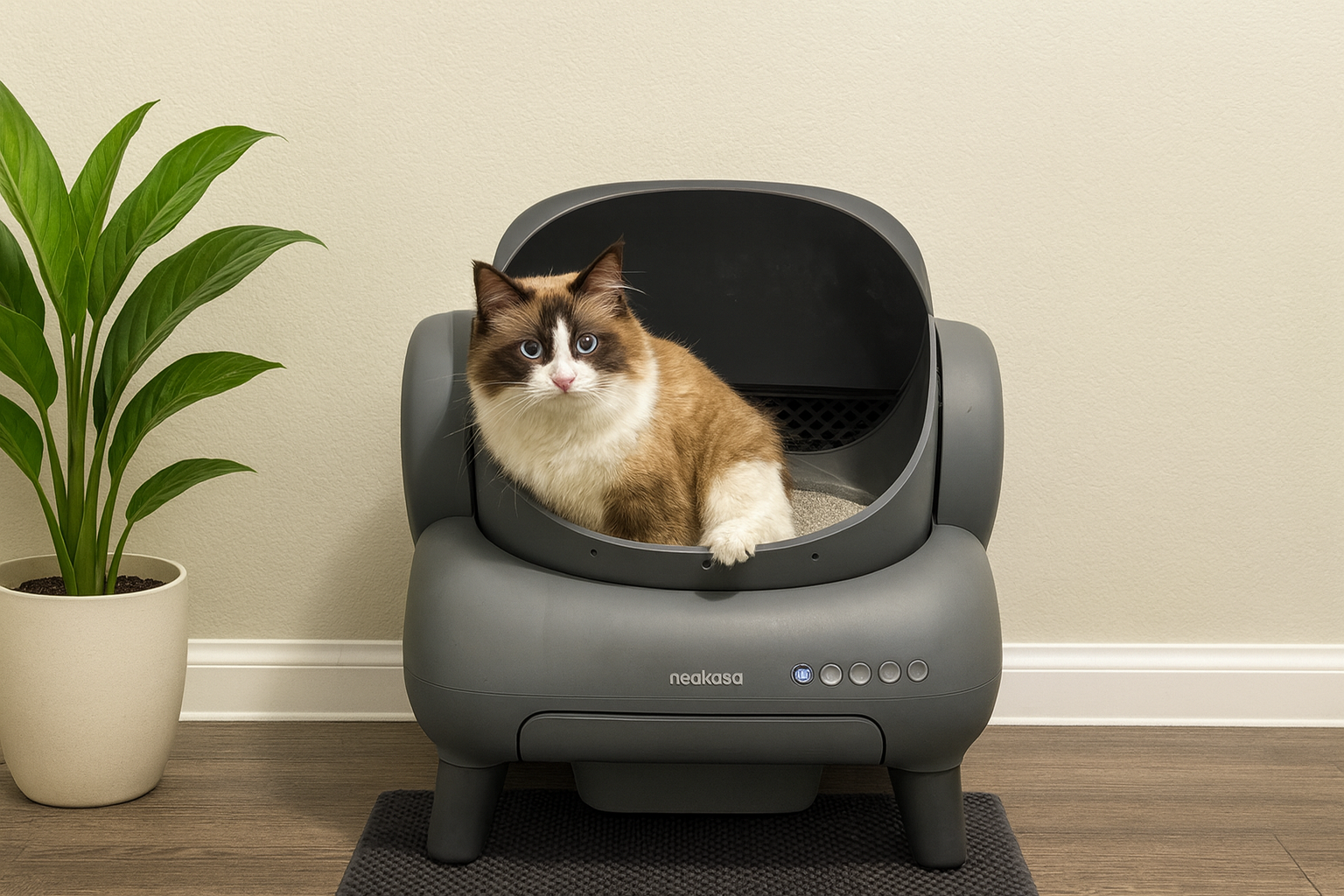 Ragdoll cat with cream and brown fur lounging in a Neakasa self-cleaning litter box, set against a neutral wall with a potted green plant on the left and a rubber litter mat on the wood floor.