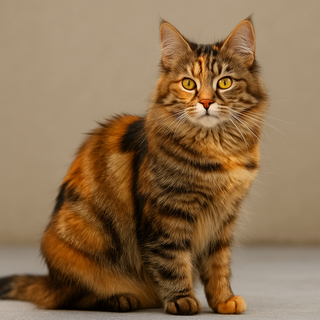 Patched tabby cat with tortoiseshell and tabby mixed fur pattern
