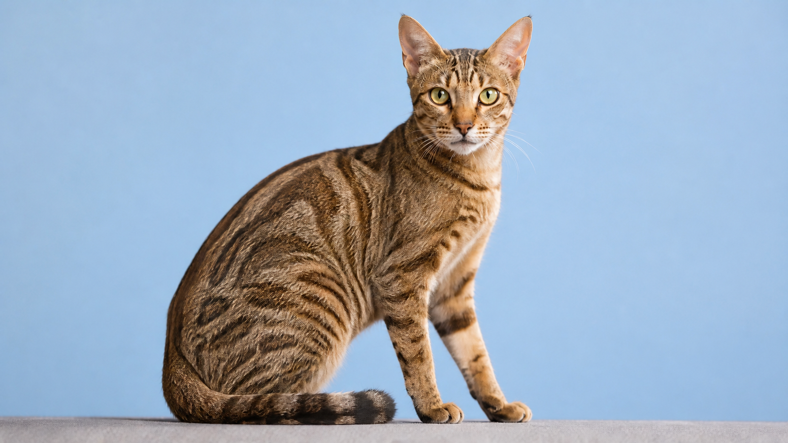 Sokoke cat with a wood-grain marbled tabby coat sitting against a light blue background