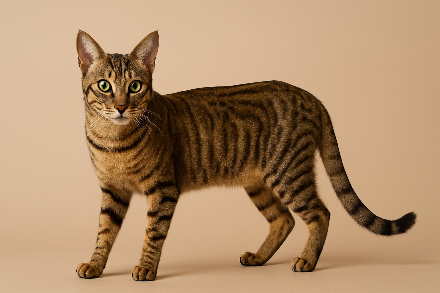 A Sokoke cat lying gracefully on a light gray surface, showing off its marbled tabby coat and vivid green eyes.