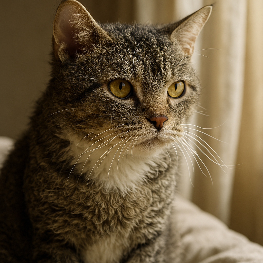 American Wirehair cat sitting upright, showing wiry coat and curled whiskers