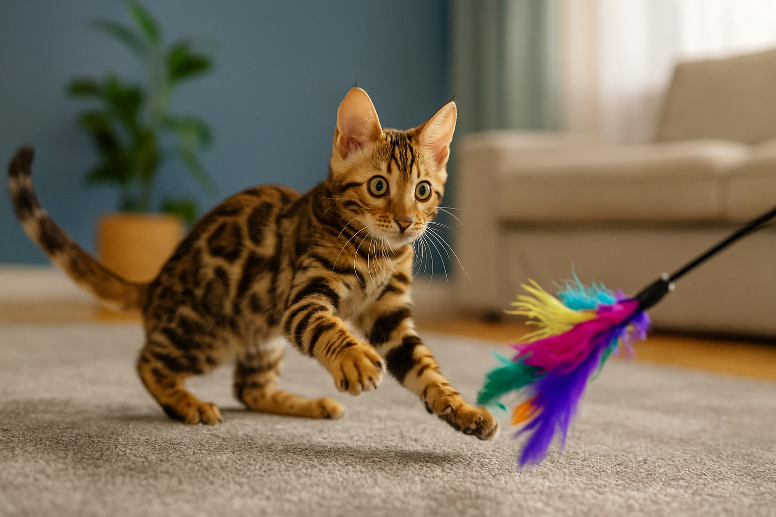 Bengal kitten playing mid-pounce with a feather toy on a soft gray rug, in a cozy sunlit living room with muted blue walls and houseplants.