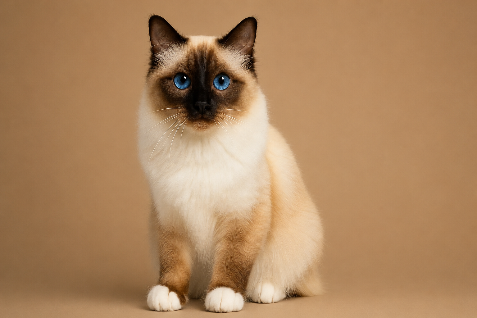 A Birman cat with a cream coat, dark seal-point face and ears, white mittens on its front paws, and striking blue eyes sitting against a light grey background.