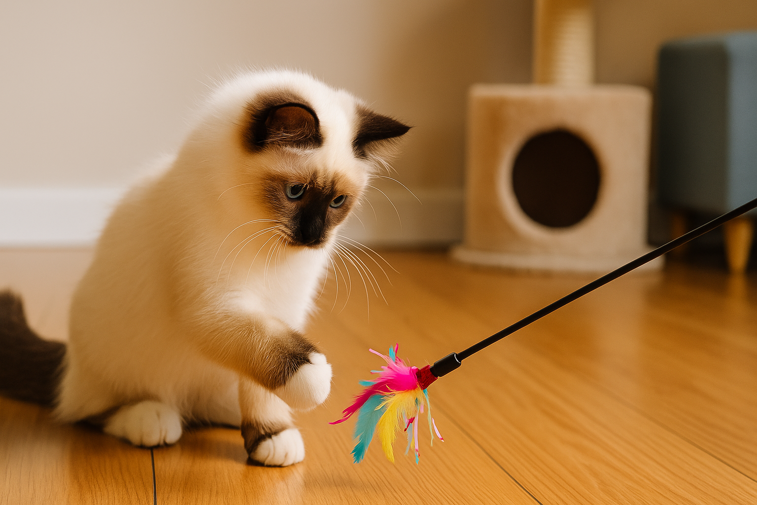 A playful Birman kitten with blue eyes and white mittens batting at a colorful feather wand toy on a hardwood floor.