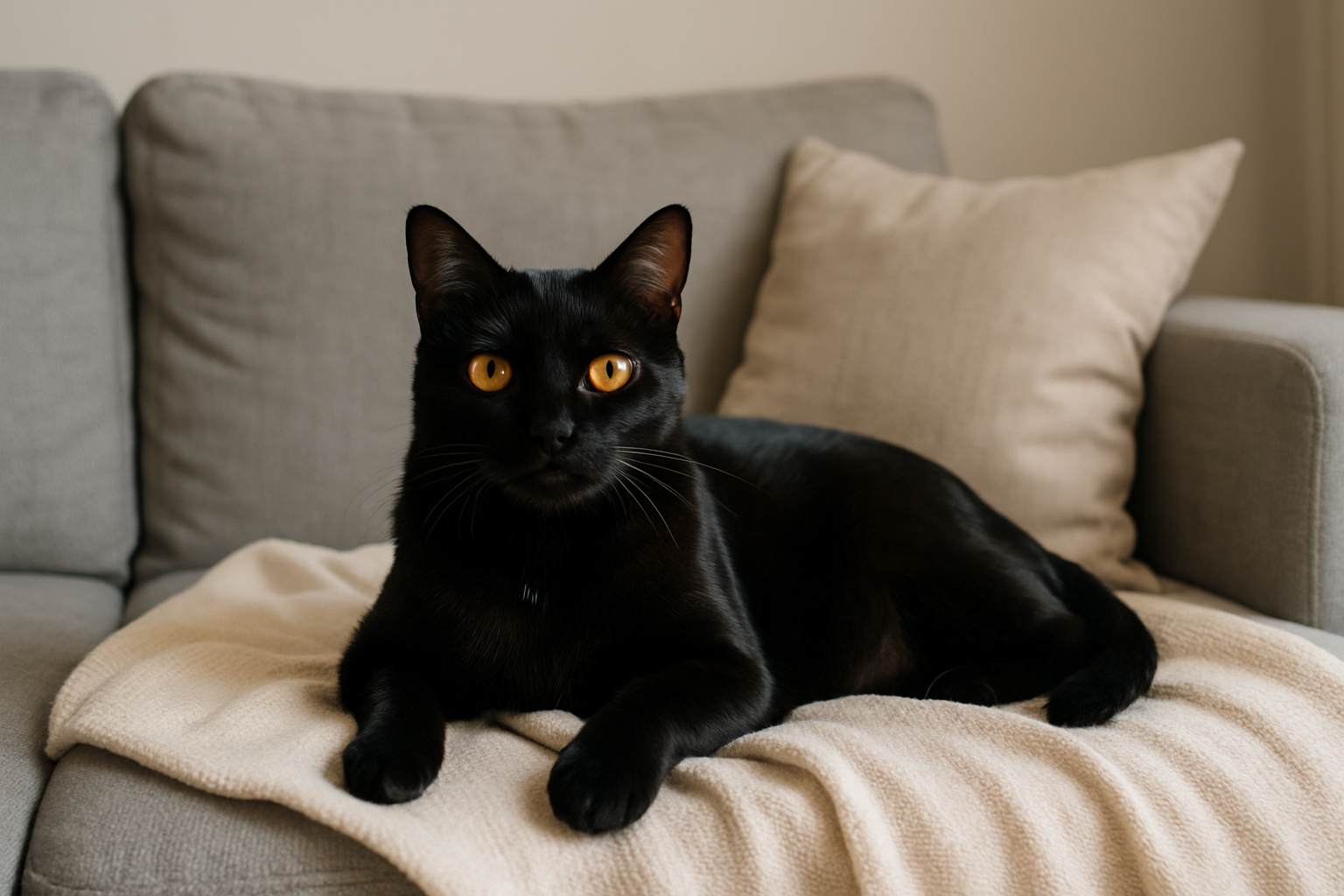 Bombay Cat with glossy black coat and copper eyes